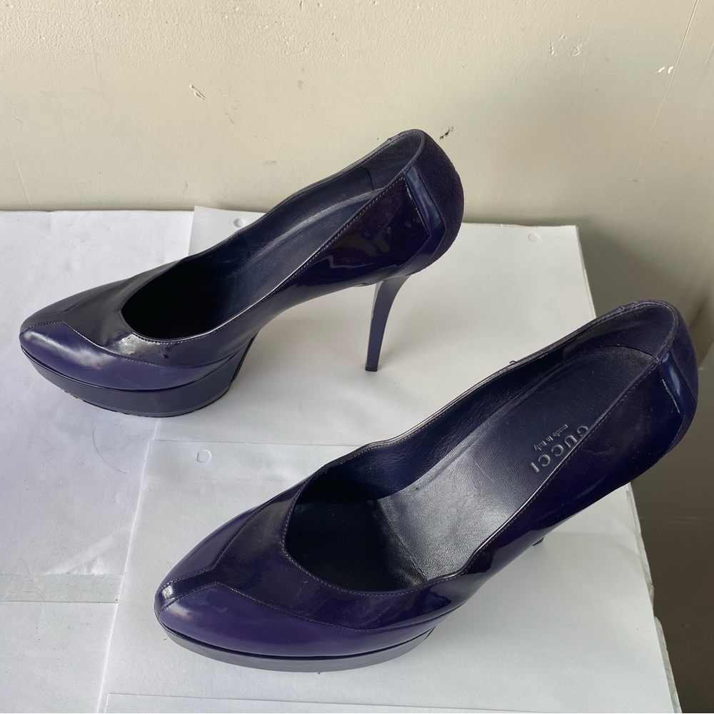 GUCCI Purple Patent & Leather Platform Pumps Suede Heel Size 38.5 US 8.5 - Picture 8 of 15